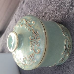 Vintage butter crock. Soft green like sage.
